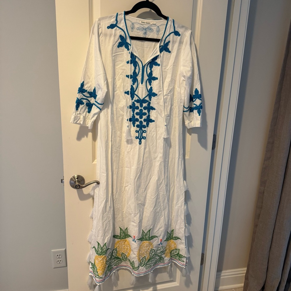 Roller Rabbit Embroidered White and Blue Maxi Pineapple Dress | S - Picture 1 of 5